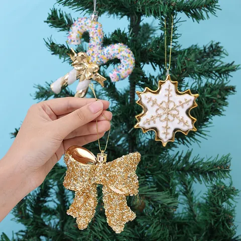 Glitter Christmas Pendants Snowflake Bowknot Candy Cane Nutcracker Ornament For Christmas Tree Window Display Decoration