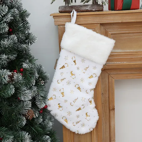 Calza di Natale in Pelliccia Sintetica Bianca Con Motivo Gnomo e Fiocco di Neve Stampato in Oro e Argento Grande Calza di Natale Sacchetto Regalo Decorazione Natalizia da Appendere Casa Festa