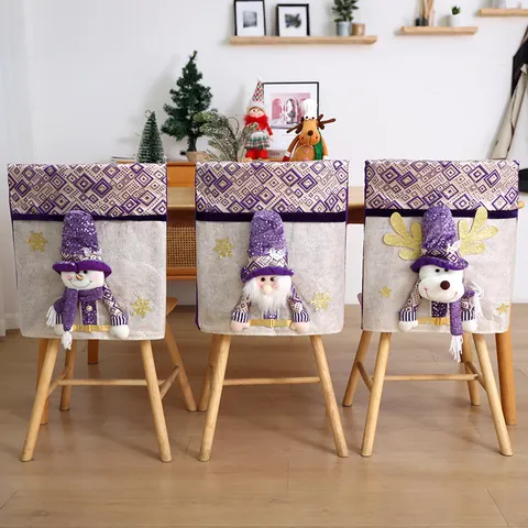 Fundas de Silla de Navidad Moradas Funda de Asiento de Muñeca 3D Papá Noel Muñeco de Nieve Reno Comedor Hogar Decoración