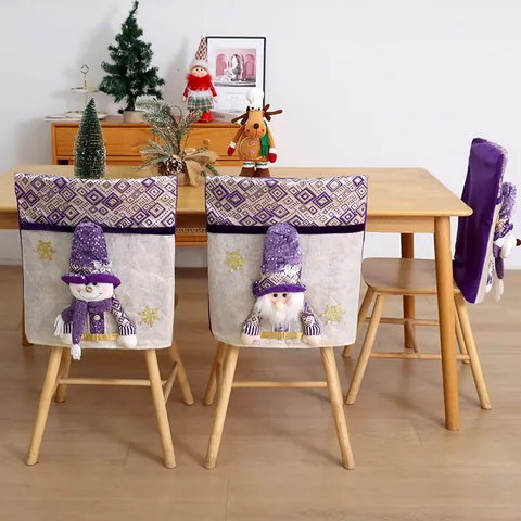 Fundas de Silla de Navidad Moradas Funda de Asiento de Muñeca 3D Papá Noel Muñeco de Nieve Reno Comedor Hogar Decoración
