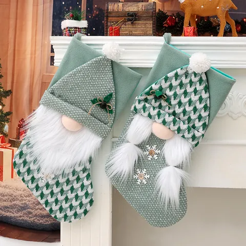 Calza di Natale in Maglia Sacchetto Regalo Con Design Gnomo Barba Trecce Verde Bianco Ornamento Appeso Festivo Decorazione Festa