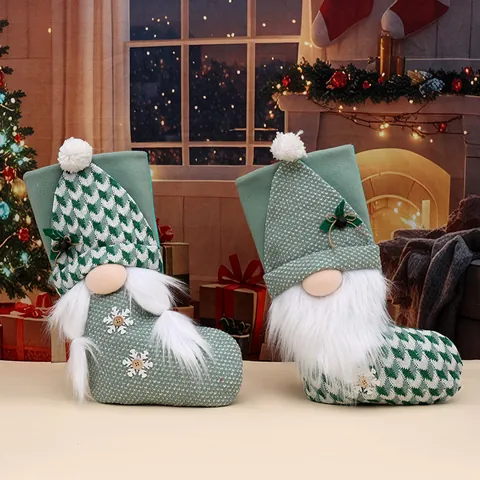 Calza di Natale in Maglia Sacchetto Regalo Con Design Gnomo Barba Trecce Verde Bianco Ornamento Appeso Festivo Decorazione Festa