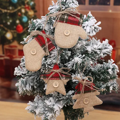 Rustikale Jute Weihnachtsdekoration Kariertes Leinen Hängende Dekorationen Mit Holzknopf Schleife Stern Baum Socke Handschuh Für Feiertage Haus Baum Deko