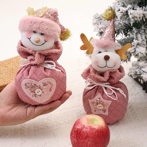 Pink Sequin Christmas Gift Bags Santa Claus Snowman Reindeer Drawstring Apple Packaging Bags Xmas Party Decor Handbag