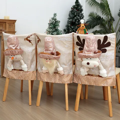 3D Christmas Chair Back Covers Santa Snowman Reindeer Doll Sequin Embroidery Merry Christmas Home Dining Room Decoration