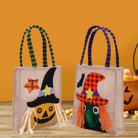 Halloween Linen Candy Bags Cartoon Pumpkin Witch Skull Black Cat Burlap Gift Bags For Kids Party Favor Decorations Treat Pouch