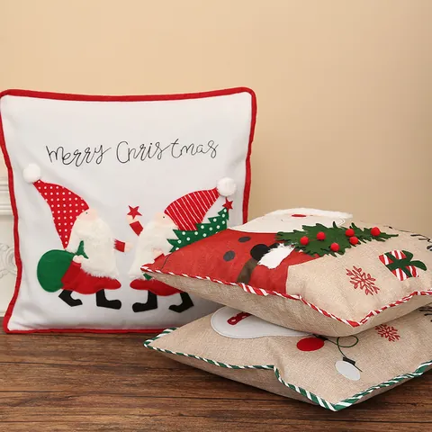 Christmas Throw Pillow Case Santa Snowman Gnome Printed Faux Linen Decorative Square Cushion Cover For Home Holiday Decor