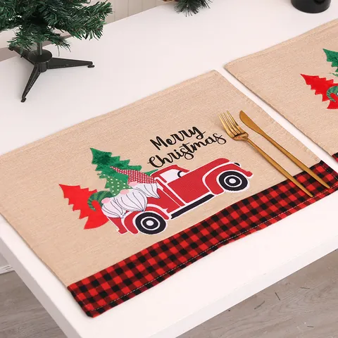 Christmas Gnome Red Truck Place Mats Burlap Buffalo Plaid Kitchen Dining Table Decor Merry Christmas Linen Look Placemats