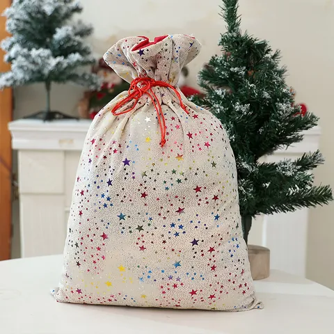 Luxury Velvet Christmas Gift Bag With Bronzing Colorful Pentagram Snowflake Pattern Drawstring Pouch For Kids Party Home Holiday Decor