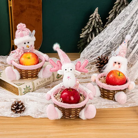 Panier de Fruits de Noël à Paillettes Roses Bonhomme de Neige Renne Père Noël Panier de Bonbons Boîte Cadeau pour Enfants Fête Maison Décor