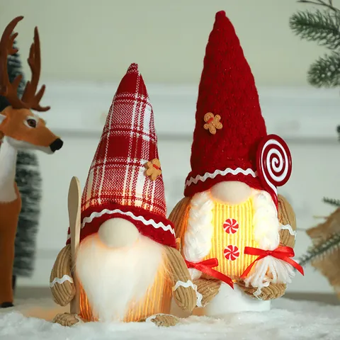 Christmas Gingerbread Gnome LED Light Up Ornament Faceless Plush Doll With Lollipop Spoon For Xmas Home Window Display Decor