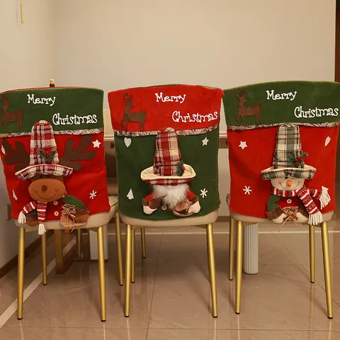 Fundas de Silla de Navidad 3D Dibujos Animados Papá Noel Muñeco de Nieve Alce Rojo Verde Punto Decorativo Comedor Fiesta Casa