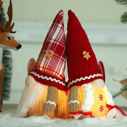Christmas Gingerbread Gnome LED Light Up Ornament Faceless Plush Doll With Lollipop Spoon For Xmas Home Window Display Decor
