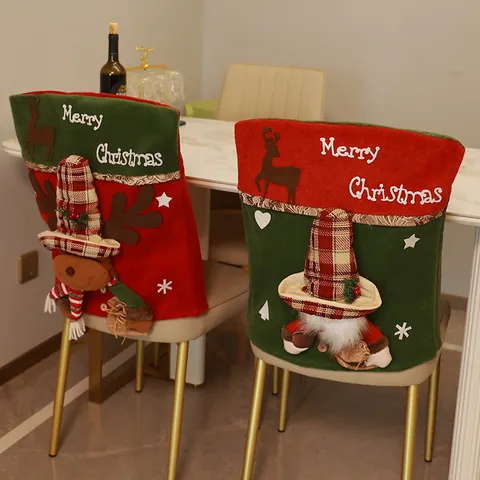 Fundas de Silla de Navidad 3D Dibujos Animados Papá Noel Muñeco de Nieve Alce Rojo Verde Punto Decorativo Comedor Fiesta Casa