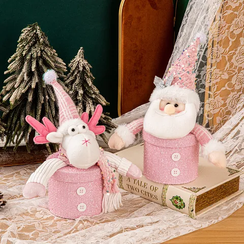 Caja de Manzana de Navidad Rosa Figura de Dibujos Animados Tarro de Caramelos Decoración Papá Noel Muñeco de Nieve Reno Bolsa de Regalo de Peluche para Fiesta Niños Hogar