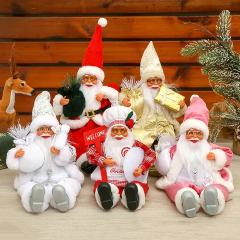 12 Inch Sitting Santa Claus Doll With Silicone Face Fabric Christmas Old Man Figurine Table Decoration Xmas Home Ornament