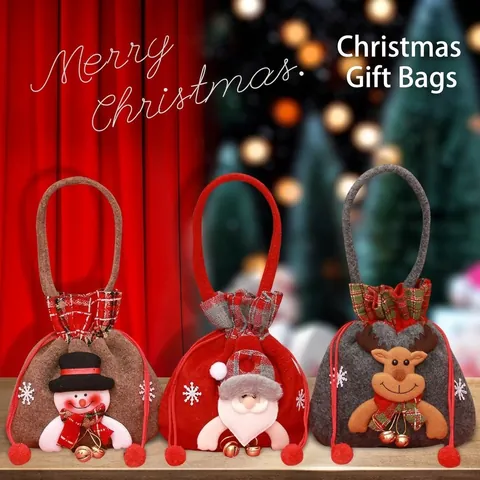 2024 New Christmas Gift Bag Plush Santa Claus Snowman Reindeer Drawstring Pouch Holiday Favors Apple Candy Bag With Handle