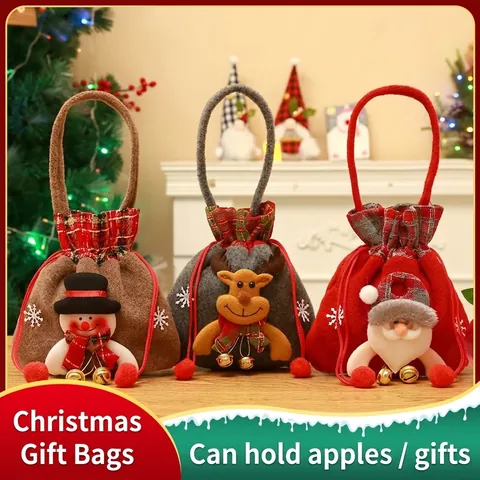 2024 New Christmas Gift Bag Plush Santa Claus Snowman Reindeer Drawstring Pouch Holiday Favors Apple Candy Bag With Handle