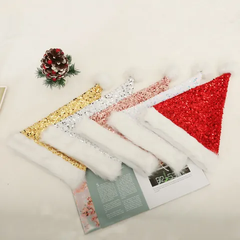 Gorro de Navidad de Lujo Con Lentejuelas Borde de Peluche Bola de Piel Sintética para Decoración de Fiesta de Navidad Sombrerería de Disfraces