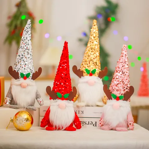 Christmas Sequin Reindeer Antler Hat Faceless Gnome Plush Doll Rudolph Figurine For Xmas Holiday Home Window Decor Gift
