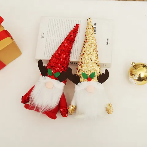 Christmas Sequin Reindeer Antler Hat Faceless Gnome Plush Doll Rudolph Figurine For Xmas Holiday Home Window Decor Gift