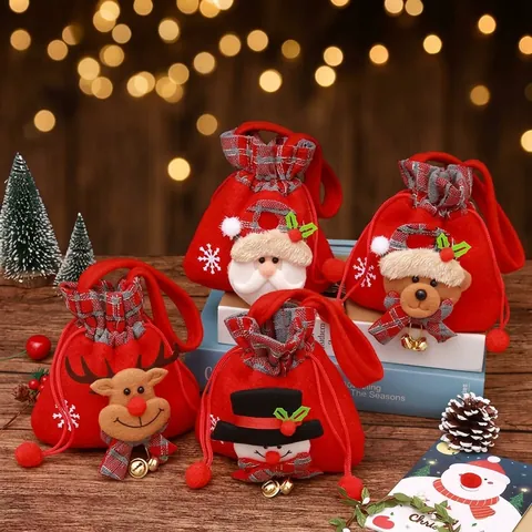 Bolsa de Regalo de Manzana de Navidad Papá Noel Muñeco de Nieve Reno Cordón Bolso Terciopelo Arpillera Embalaje de Dulces Decoración