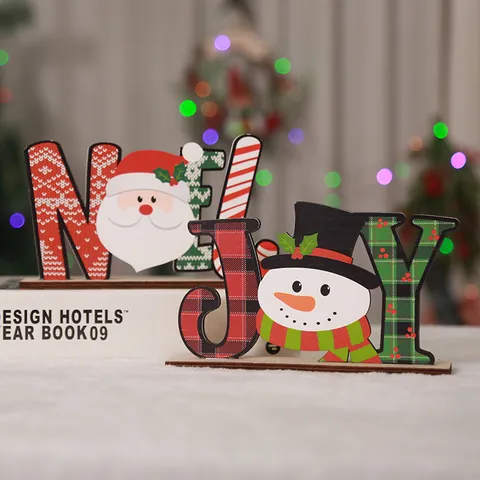 Wooden Christmas Desktop Ornaments Santa Claus Snowman NOEL JOY Letter Printed Plaid Festive Table Decoration Home Party Supplies