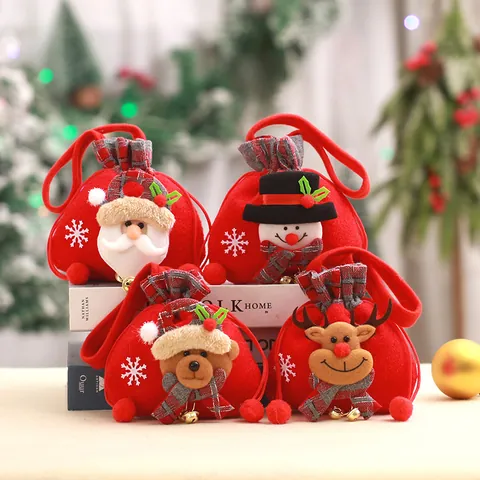 Bolsa de Regalo de Manzana de Navidad Papá Noel Muñeco de Nieve Reno Cordón Bolso Terciopelo Arpillera Embalaje de Dulces Decoración