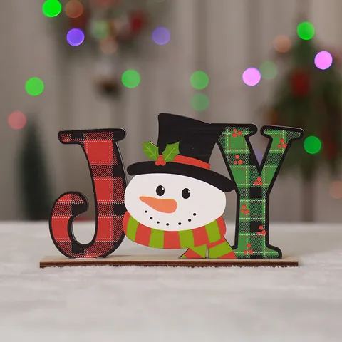 Wooden Christmas Desktop Ornaments Santa Claus Snowman NOEL JOY Letter Printed Plaid Festive Table Decoration Home Party Supplies