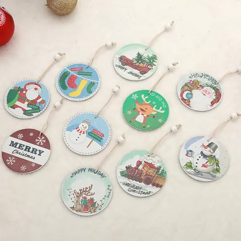 Christmas Tree Decoration Round Ceramic Pendant Cartoon Snowman Reindeer Printed Holiday Ornament For Home Scene Layout