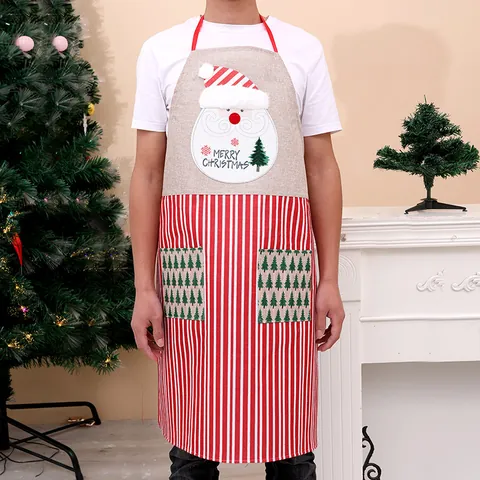 Adult Christmas Burlap Striped Apron Santa Claus Snowman Printed Kitchen Cooking Apron For Restaurant Festive Party Decoration