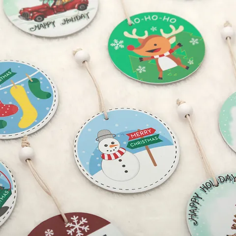 Christmas Tree Decoration Round Ceramic Pendant Cartoon Snowman Reindeer Printed Holiday Ornament For Home Scene Layout