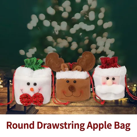 Christmas Drawstring Gift Bag Santa Claus Snowman Reindeer Pattern Soft Plush Apple Candy Pouch Festive Holiday Decoration Favor Bag