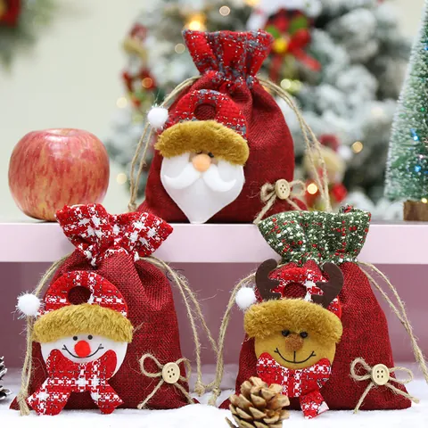 Large Christmas Drawstring Gift Bag Burlap Santa Claus Snowman Reindeer Apple Packaging Bag Holiday Party Favor Sack