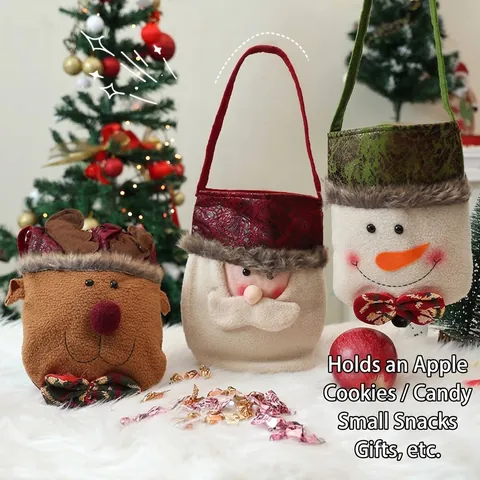 Christmas Drawstring Gift Bag Santa Claus Snowman Reindeer Pattern Soft Plush Apple Candy Pouch Festive Holiday Decoration Favor Bag