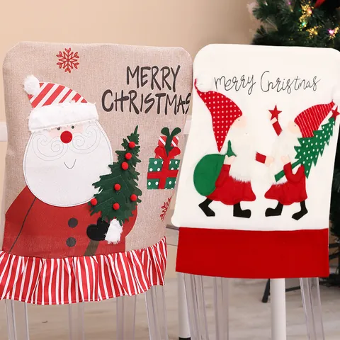 Christmas Chair Back Covers Burlap Velvet Santa Claus Snowman Gnome Printed Pattern Ruffles Merry Christmas Dining Room Decor