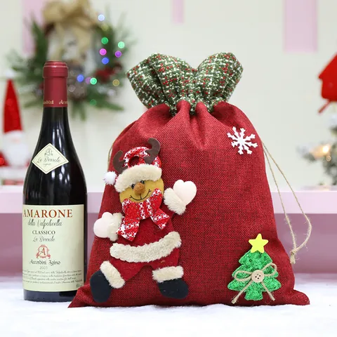 Large Christmas Drawstring Gift Bag Burlap Santa Claus Snowman Reindeer Apple Packaging Bag Holiday Party Favor Sack