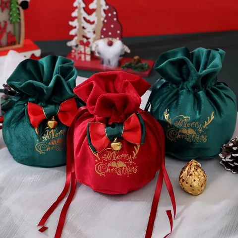 Weihnachten Samt Geschenktüte Mit Schleife Glocke Rentier Muster Goldprägung Kordelzug Beutel Für Feiertag Party Geschenke