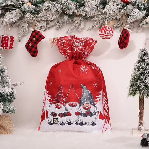 Christmas Burlap Drawstring Gift Bag Cartoon Gnome Printed Linen Candy Bag Nordic Style Holiday Present Packaging Bag