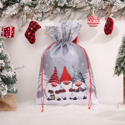 Christmas Burlap Drawstring Gift Bag Cartoon Gnome Printed Linen Candy Bag Nordic Style Holiday Present Packaging Bag