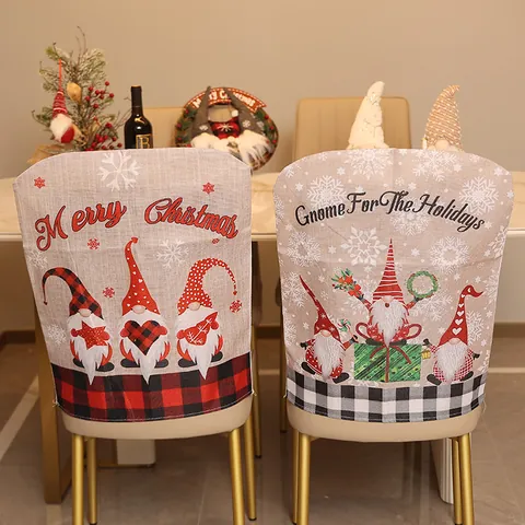 Christmas Gnome Plaid Chair Covers Non-woven Faceless Santa Back Covers For Festive Home Dining Party Decorations