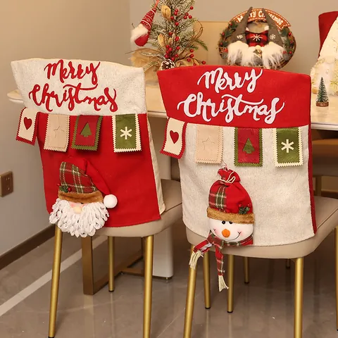 Fundas de Silla de Navidad 3D Dibujos Animados Papá Noel Muñeco de Nieve Reno Fundas de Respaldo Tela Feliz Navidad Decoración