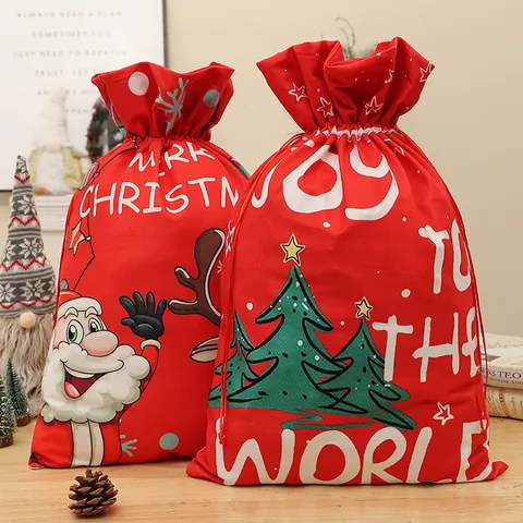 Large Christmas Drawstring Gift Bag Velvet Santa Reindeer Printed Candy Sack Holiday Xmas Party Favor Bag For Kids Gift Packaging