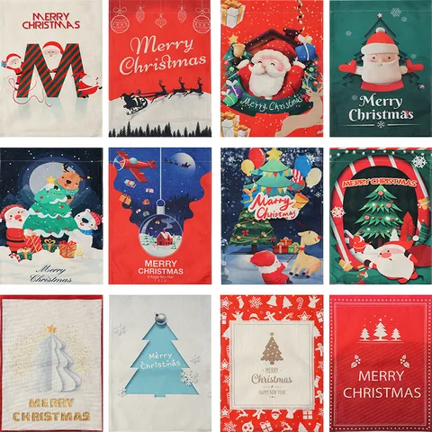 Bandiera da Giardino Natalizia in Lino Fronte Retro Striscione Decorativo per Cortile Esterno Motivo Babbo Natale Renna Albero di Natale