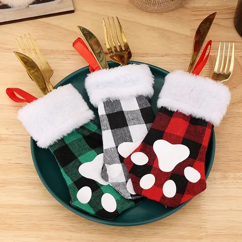 Porte-Couverts de Noël en Forme de Patte de Chat Tissu Écossais Chaussettes pour Décoration de Table