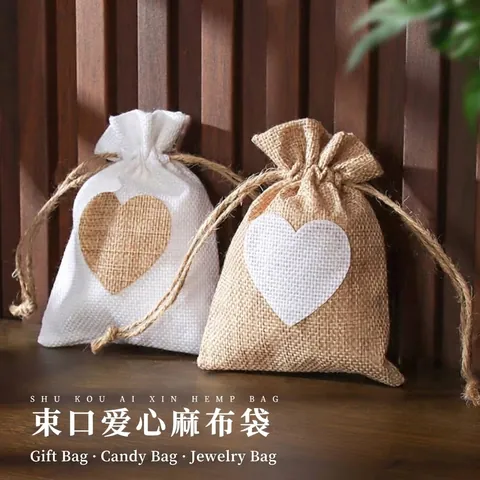 Sacchetto con Coulisse in Cotone e Lino a Cuore Borsa Regalo in Iuta Rustica per Gioielli Bomboniere Piccola Borsa di Stoccaggio