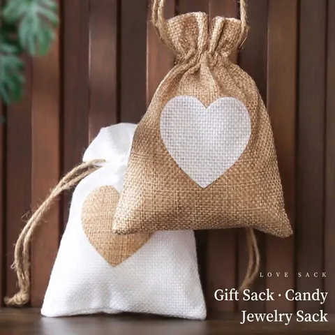 Sacchetto con Coulisse in Cotone e Lino a Cuore Borsa Regalo in Iuta Rustica per Gioielli Bomboniere Piccola Borsa di Stoccaggio