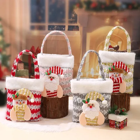 Christmas Gift Bag Santa Claus Snowman Reindeer Plush Knitted Apple Candy Pouch For Christmas Eve Party Favors Gift Wrap