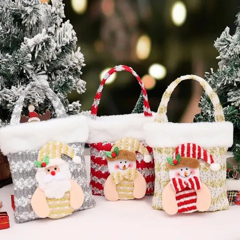 Christmas Gift Bag Santa Claus Snowman Reindeer Plush Knitted Apple Candy Pouch For Christmas Eve Party Favors Gift Wrap