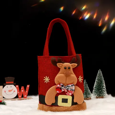 Christmas Gift Bag Santa Claus Snowman Reindeer Pattern Linen Velvet Candy Bag Christmas Eve Apple Bag Holiday Decoration